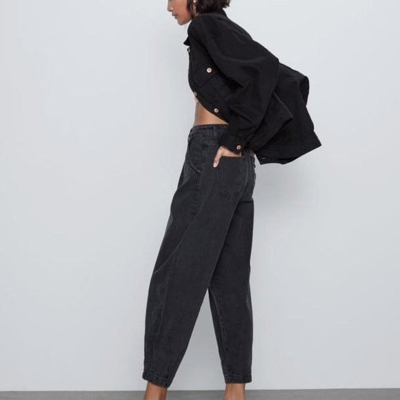 Zara Paperbag Waist High Rise Tapered Balloon Leg Cropped Jeans - Picture 5 of 14